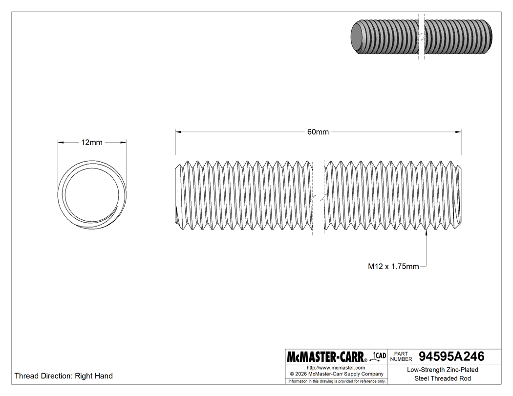 Technical Drawing of Low-Strength Zinc-Plated Steel Threaded Rod, M12 x 1.75 mm Thread Size, 60 mm Long.